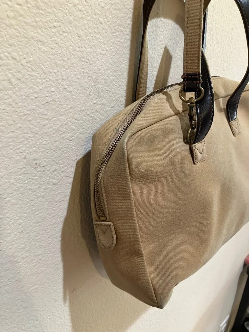 Lauren Ralph Lauren Vintage Canvas Leather Shoulder Satchel Tote Bag Beige Brown